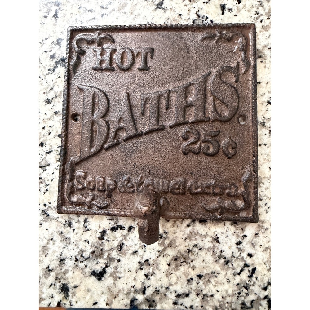 Vintage Rustic Cast Iron Wall Decor Hot Baths Bathroom 5.5"x 5.5"